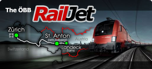 The OBB RailJet: Zürich - St. Anton and Landeck. Discounted Rail/Train Transfer Ticket. Switzerland/Austria